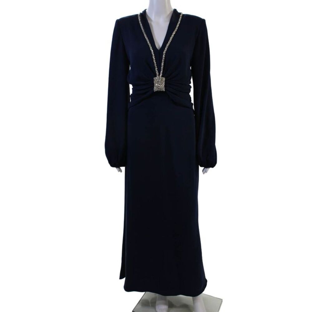 Reem Acra, Women Dark Blue V-Neck Long Sleeve Maxi Dress Size 6